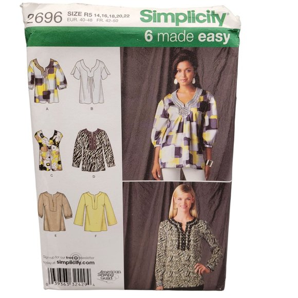 Simplicity Pullover Tunics Sewing Pattern 2696 Size 14-22 UNCUT - Picture 1 of 3